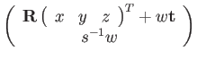 $\displaystyle \left(\begin{array}{c}
\mathbf{R}\left(\begin{array}{ccc}
x & y & z\end{array}\right)^{T}+w\mathbf{t}\\
s^{-1}w
\end{array}\right)$